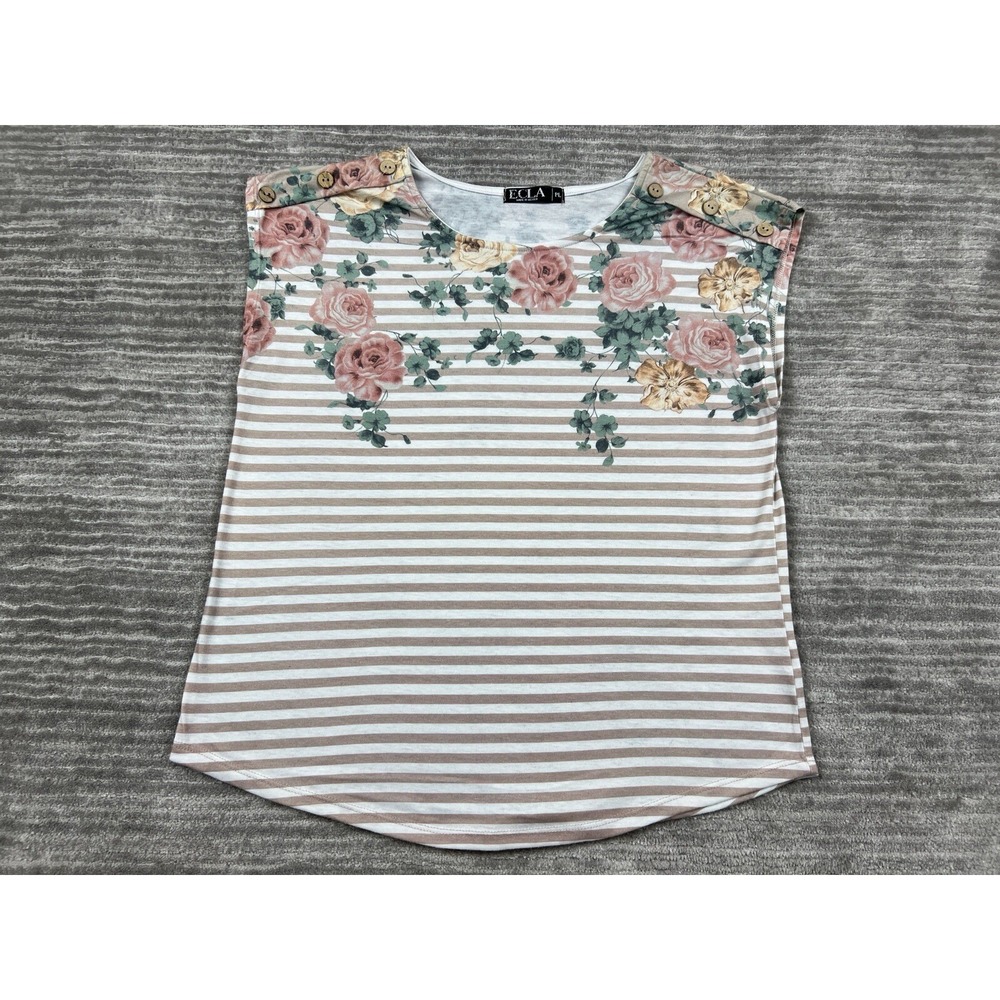 ECLA Top Womens PL Tan White Floral Striped Scoop Neck Sleeveless PY610J3005V3